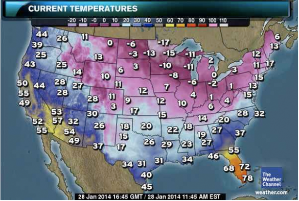 This is the country's weather from late January in 2014. Notice our little slice of heaven down there in Florida?